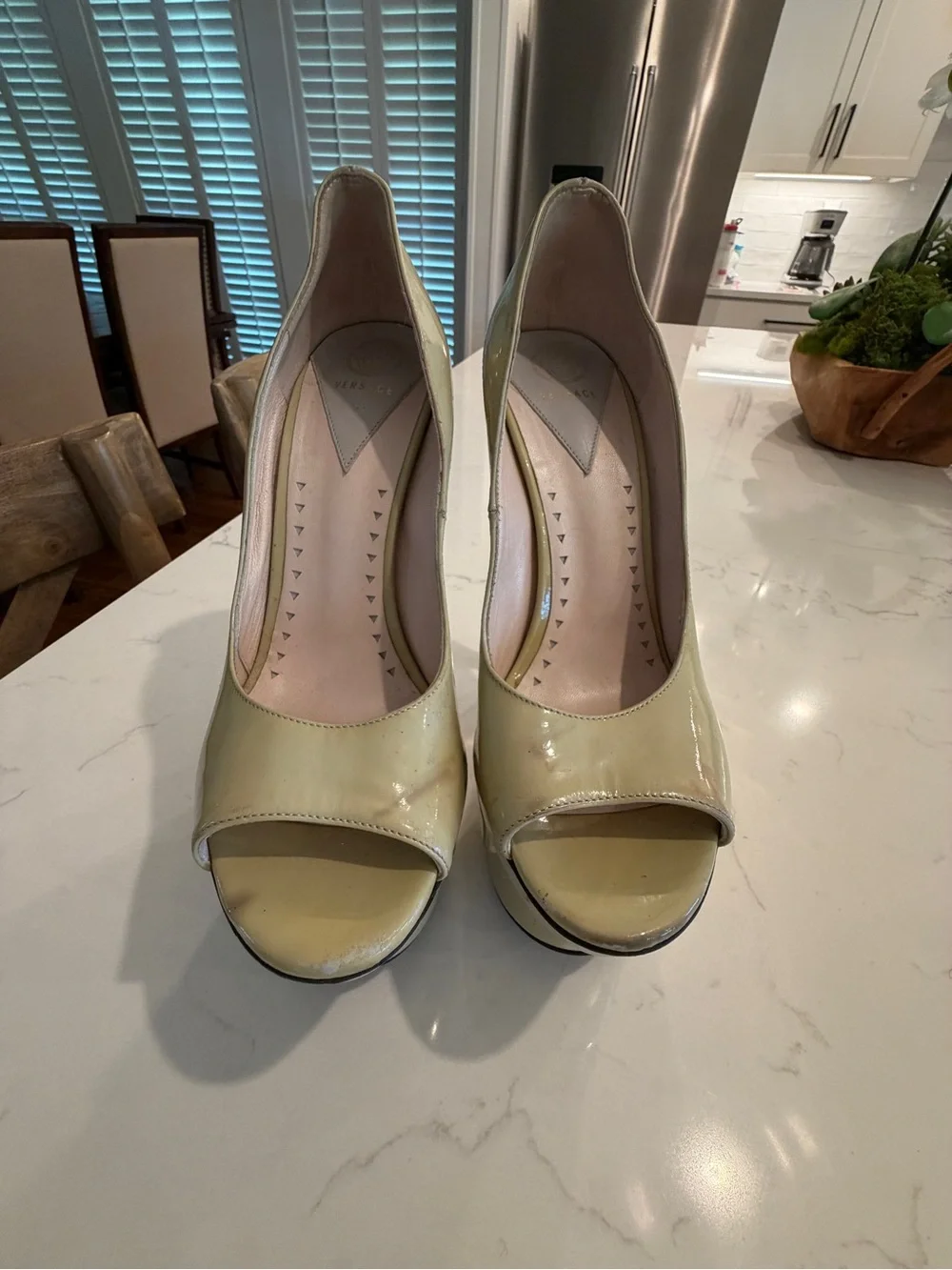 Versace Triple Platform Patent and Leather Pumps, pale green & gold